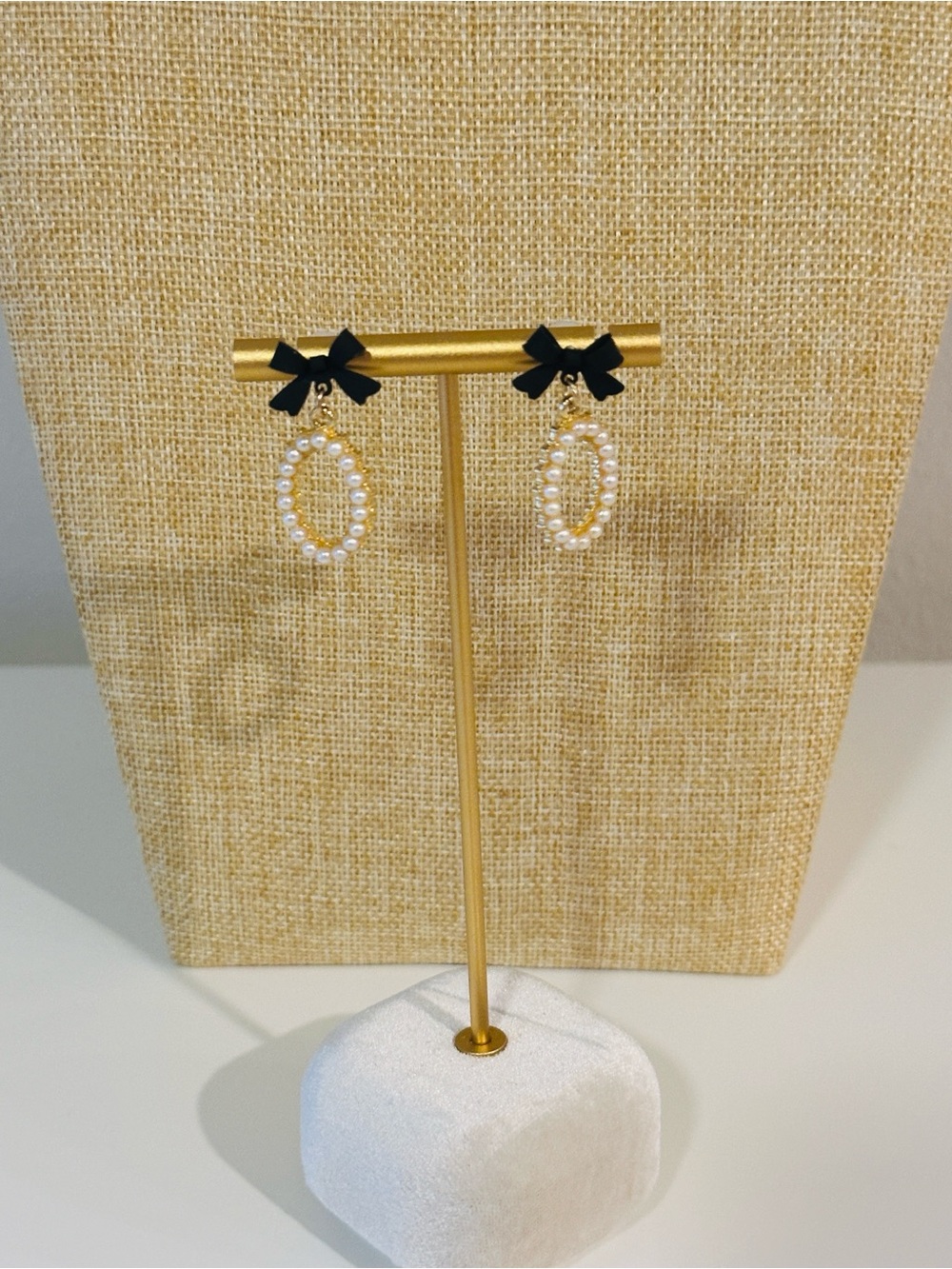 Fashion Jewelry Gold-Tone Pearl Hoop Earrings with Black Bow